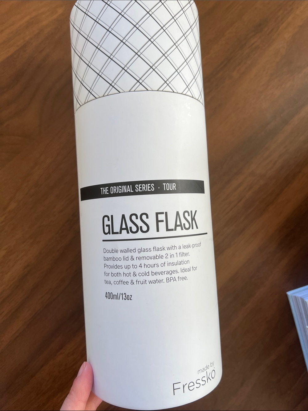 Fressko White Glass Flask with Bamboo Lid - NIB
